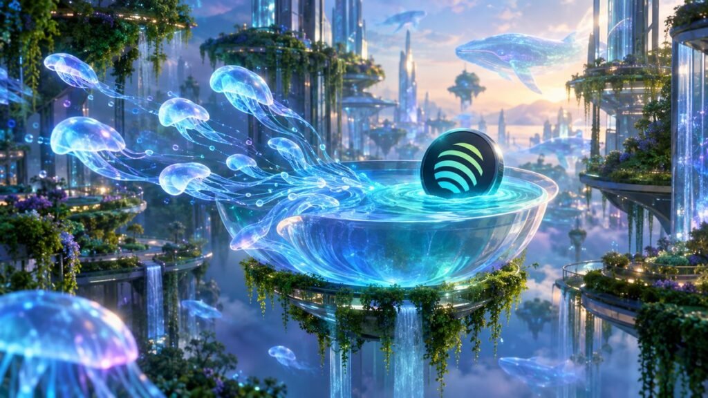 Glowing jellyfish drift out of a glass basin holding a Jupiter coin, in a floating garden city of glass towers at dusk.