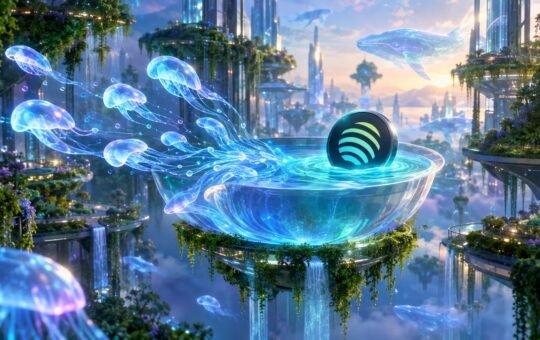 Glowing jellyfish drift out of a glass basin holding a Jupiter coin, in a floating garden city of glass towers at dusk.