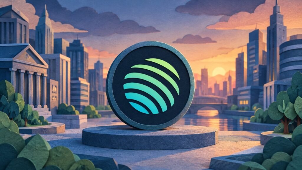 A large coin with a striped teal-and-lime sphere logo rests on a stone plinth in a paper-cut city at dusk.