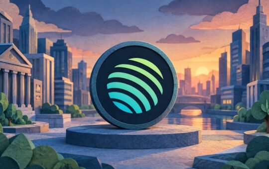A large coin with a striped teal-and-lime sphere logo rests on a stone plinth in a paper-cut city at dusk.