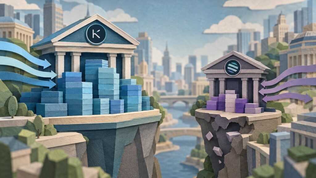 Paper-cut city where a large bank building stacked with blue deposit blocks stands on a cliff beside a smaller bank with a few purple blocks on a crumbling ledge