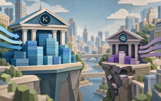 Paper-cut city where a large bank building stacked with blue deposit blocks stands on a cliff beside a smaller bank with a few purple blocks on a crumbling ledge