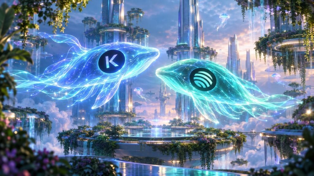 Two glowing translucent whales, one blue with the Kamino emblem and one teal with the Jupiter emblem, swim nose to nose above a garden city of glass towers.
