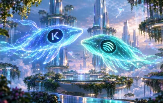 Two glowing translucent whales, one blue with the Kamino emblem and one teal with the Jupiter emblem, swim nose to nose above a garden city of glass towers.