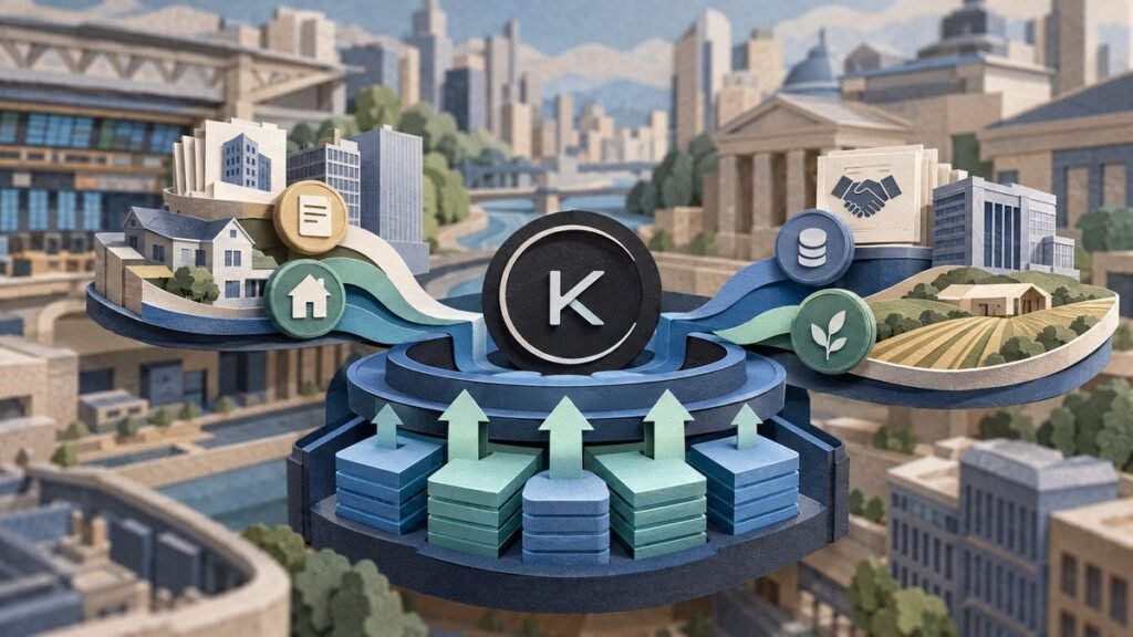 Paper-cut city scene with a dark Kamino coin on a round paper vault in the center, paper ribbons carrying small buildings, a house and farmland into it from both sides.