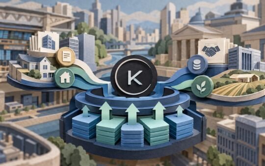 Paper-cut city scene with a dark Kamino coin on a round paper vault in the center, paper ribbons carrying small buildings, a house and farmland into it from both sides.