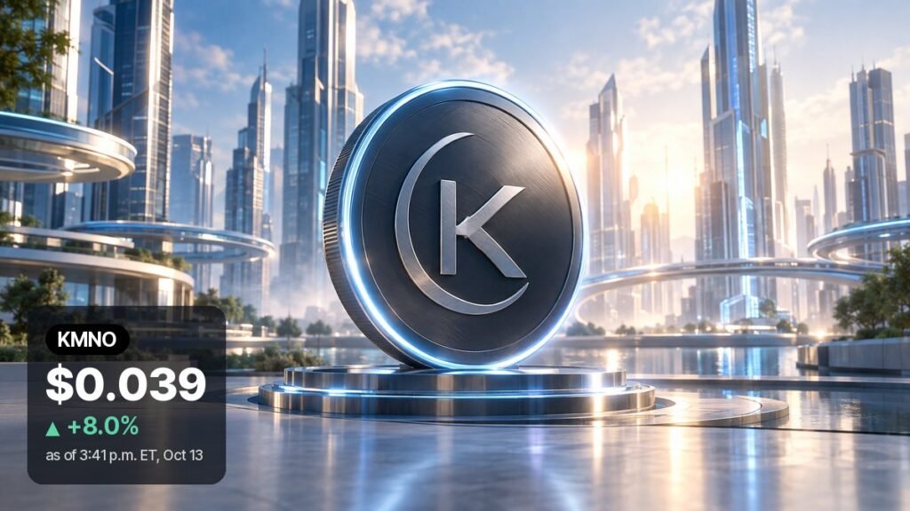 A large dark brushed-metal coin with a white K emblem stands on a glowing round platform in the center of a sunlit glass city by calm water.
