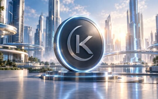 A large dark brushed-metal coin with a white K emblem stands on a glowing round platform in the center of a sunlit glass city by calm water.