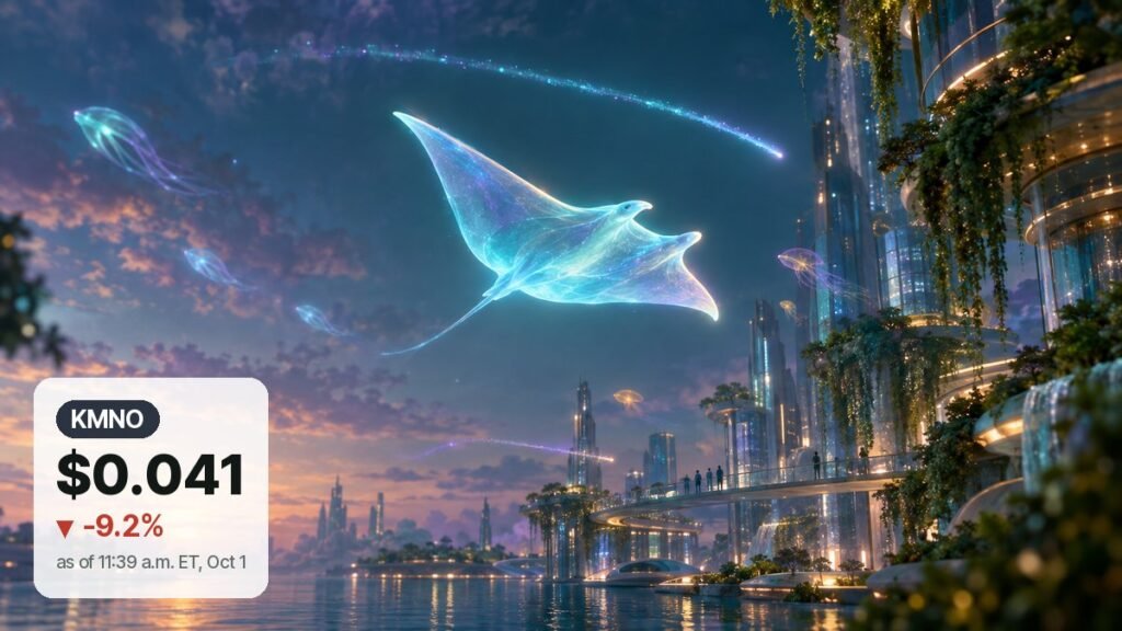 A glowing translucent manta ray glides over a futuristic waterside city at dusk, just below a faint trail of light arcing across the sky.