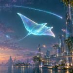 A glowing translucent manta ray glides over a futuristic waterside city at dusk, just below a faint trail of light arcing across the sky.