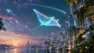 A glowing translucent manta ray glides over a futuristic waterside city at dusk, just below a faint trail of light arcing across the sky.