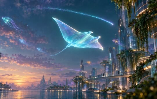 A glowing translucent manta ray glides over a futuristic waterside city at dusk, just below a faint trail of light arcing across the sky.
