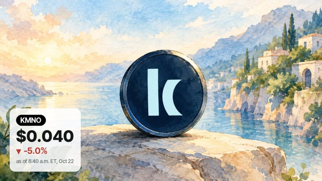 Watercolor of a dark navy coin with Kamino's pale blue k mark resting on a sunlit rocky ledge above a calm bay, a hillside village behind.