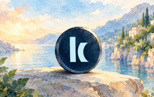 Watercolor of a dark navy coin with Kamino's pale blue k mark resting on a sunlit rocky ledge above a calm bay, a hillside village behind.
