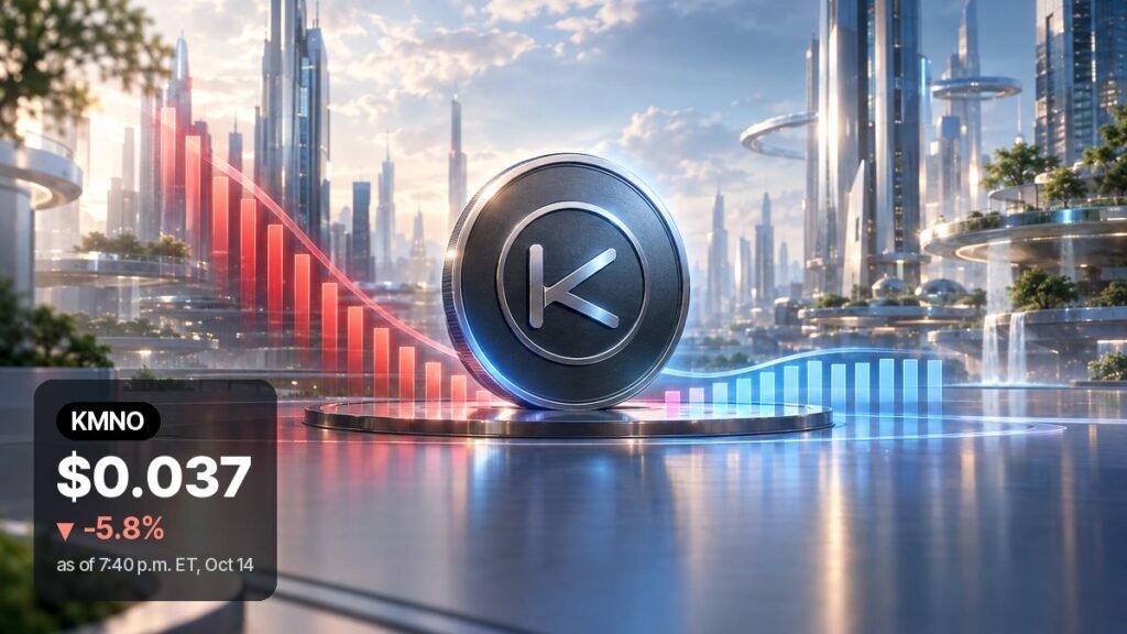 A large dark metal coin with a white K emblem stands on a round platform in a sunlit glass city, with red light bars falling on its left and blue bars levelling off on its right.