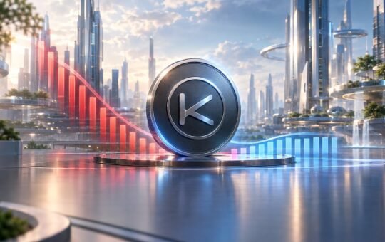 A large dark metal coin with a white K emblem stands on a round platform in a sunlit glass city, with red light bars falling on its left and blue bars levelling off on its right.