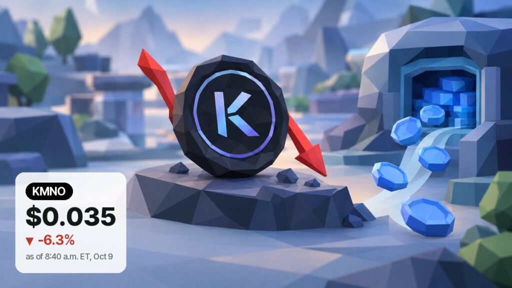 Low-poly illustration of a dark Kamino coin on a rock with a small red down arrow, as blue coins flow out of a vault beside it.