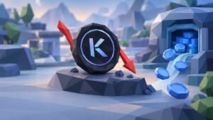 Low-poly illustration of a dark Kamino coin on a rock with a small red down arrow, as blue coins flow out of a vault beside it.