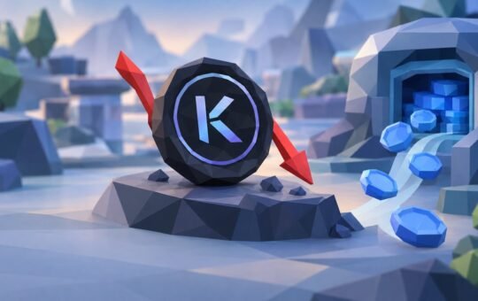 Low-poly illustration of a dark Kamino coin on a rock with a small red down arrow, as blue coins flow out of a vault beside it.