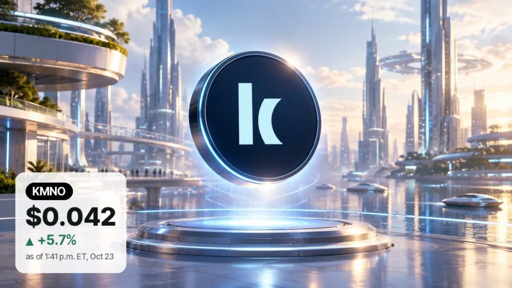 A dark navy coin with Kamino Finance's pale blue k mark floats above a glowing platform in a sunlit glass city by the water.
