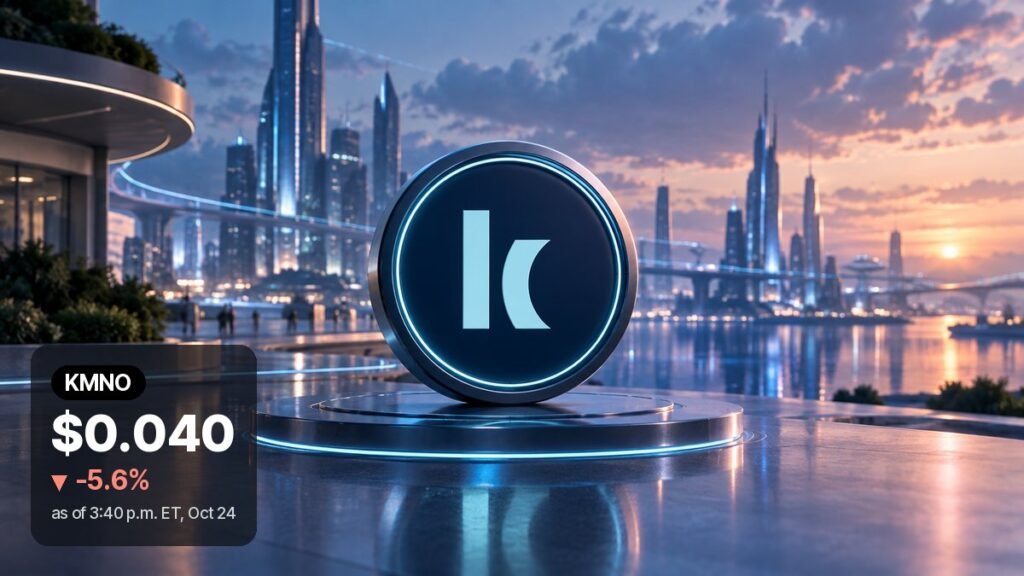 A dark navy coin with a pale blue k mark rests on a glowing pedestal by the water in a future city at dusk.