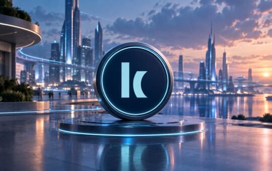 A dark navy coin with a pale blue k mark rests on a glowing pedestal by the water in a future city at dusk.