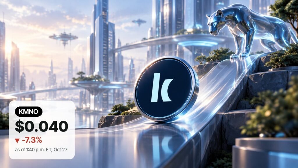 Chrome panther watching a Kamino Finance coin roll down a glass ramp in a sunlit future city