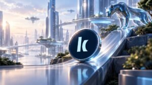 Chrome panther watching a Kamino Finance coin roll down a glass ramp in a sunlit future city