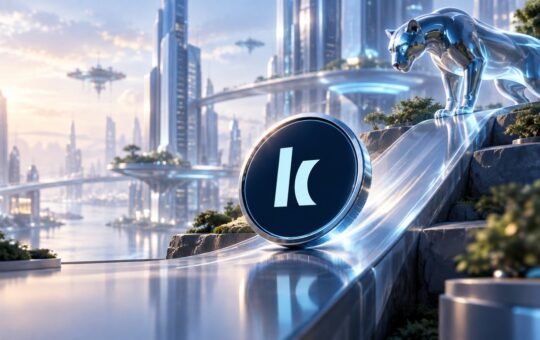 Chrome panther watching a Kamino Finance coin roll down a glass ramp in a sunlit future city