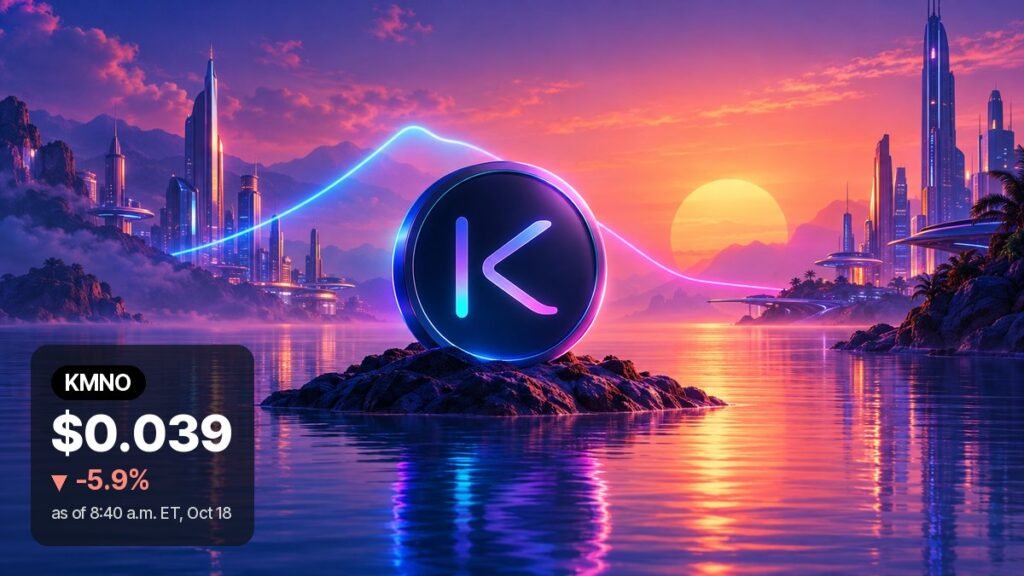 A dark coin with a glowing K emblem rests on a small rock island in calm water at a neon sunset, a soft light trail arcing over it between futuristic towers.