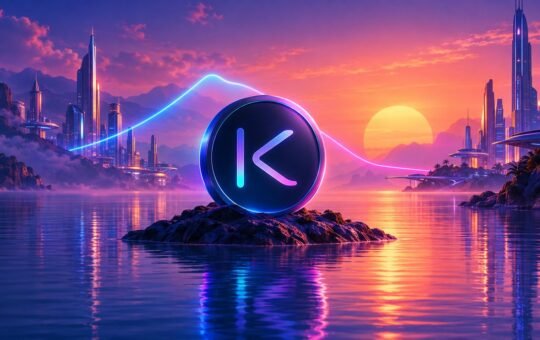 A dark coin with a glowing K emblem rests on a small rock island in calm water at a neon sunset, a soft light trail arcing over it between futuristic towers.