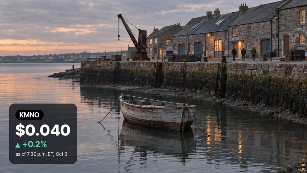 Photorealistic illustration: a weathered wooden boat rests on still water at low tide below a dark wet line on an old stone harbor wall at dusk.