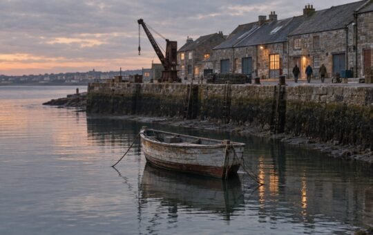 Photorealistic illustration: a weathered wooden boat rests on still water at low tide below a dark wet line on an old stone harbor wall at dusk.