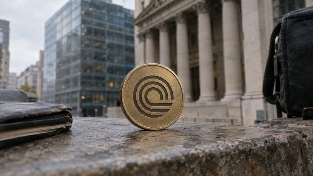Photorealistic illustration: a bronze coin with the Ondo Finance arc mark stands on a wet stone ledge in front of a columned financial building and glass office towers.
