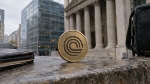 Photorealistic illustration: a bronze coin with the Ondo Finance arc mark stands on a wet stone ledge in front of a columned financial building and glass office towers.