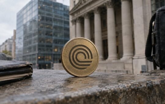 Photorealistic illustration: a bronze coin with the Ondo Finance arc mark stands on a wet stone ledge in front of a columned financial building and glass office towers.