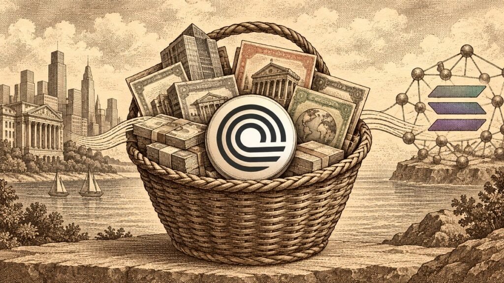 Engraving-style illustration of a woven basket packed with share certificates and bond bundles, an Ondo Finance coin at its center and a harbor city behind it.