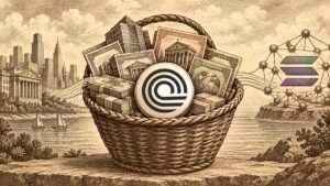 Engraving-style illustration of a woven basket packed with share certificates and bond bundles, an Ondo Finance coin at its center and a harbor city behind it.