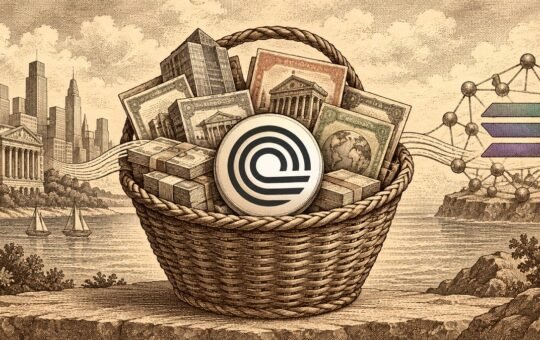 Engraving-style illustration of a woven basket packed with share certificates and bond bundles, an Ondo Finance coin at its center and a harbor city behind it.
