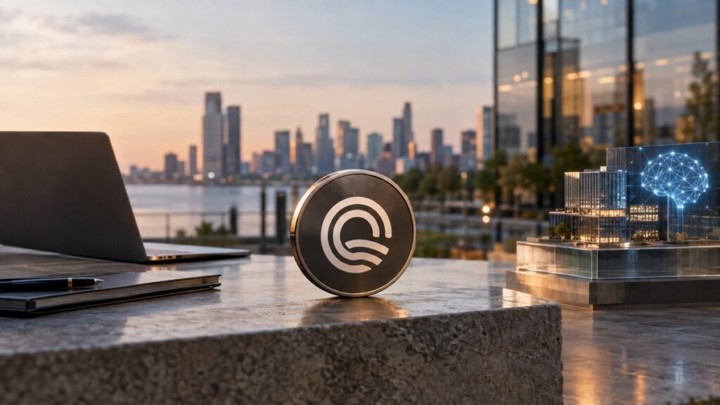 Photorealistic illustration: a dark coin with nested white arcs stands on a stone ledge at dusk beside a glass building model under a glowing blue brain.