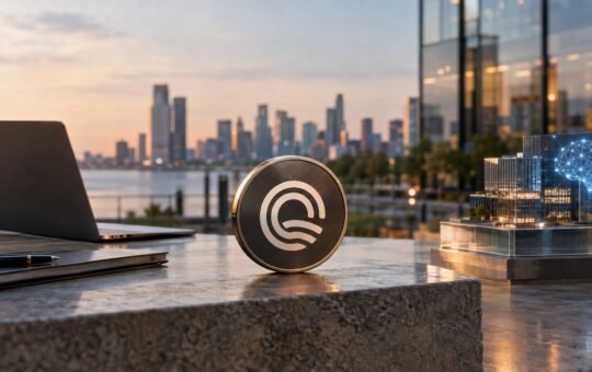Photorealistic illustration: a dark coin with nested white arcs stands on a stone ledge at dusk beside a glass building model under a glowing blue brain.