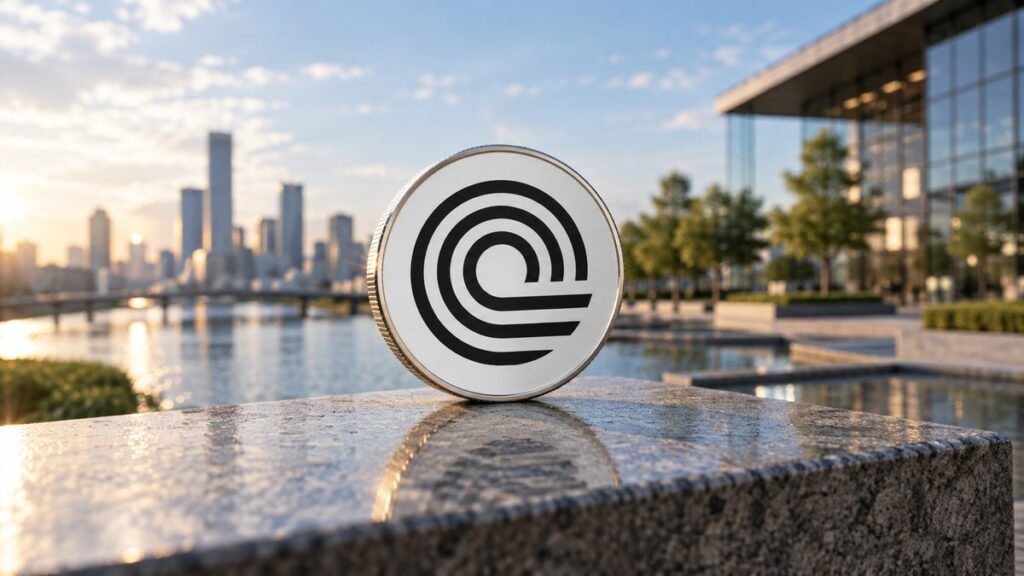 Photorealistic illustration: a silver coin with the Ondo Finance mark stands on a wet granite ledge beside a river and a city skyline at golden hour.