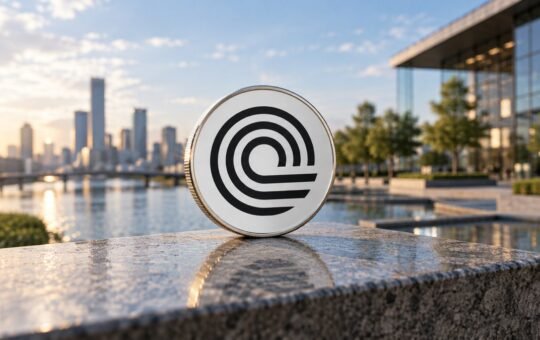 Photorealistic illustration: a silver coin with the Ondo Finance mark stands on a wet granite ledge beside a river and a city skyline at golden hour.