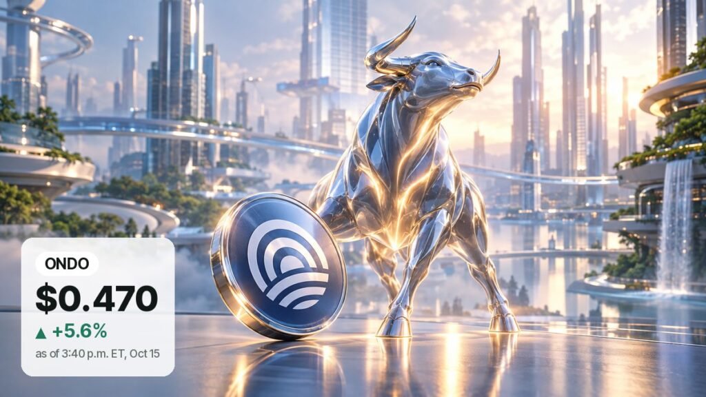 A polished chrome bull stands in a sunlit glass city beside a large blue coin with the Ondo nested-arcs emblem.