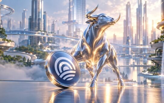 A polished chrome bull stands in a sunlit glass city beside a large blue coin with the Ondo nested-arcs emblem.