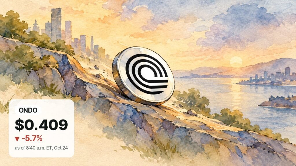 Watercolor scene of a white coin with the Ondo Finance logo rolling down a rocky slope above a calm bay at sunrise.