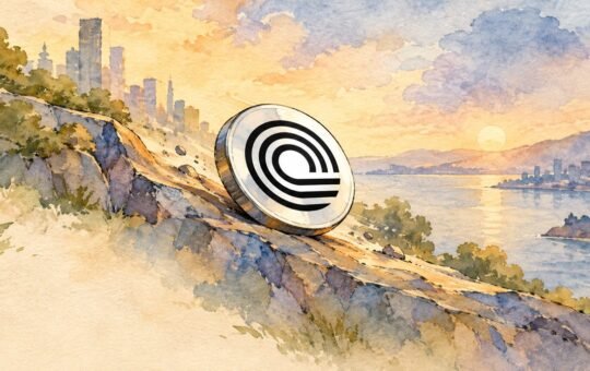 Watercolor scene of a white coin with the Ondo Finance logo rolling down a rocky slope above a calm bay at sunrise.