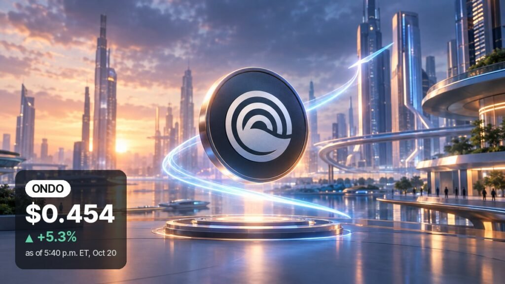 A dark metallic coin with a curved white emblem floats above a glowing pedestal as a bright light trail spirals upward through a glass city at sunset.