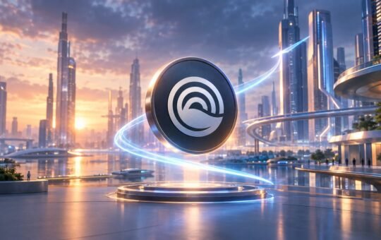 A dark metallic coin with a curved white emblem floats above a glowing pedestal as a bright light trail spirals upward through a glass city at sunset.