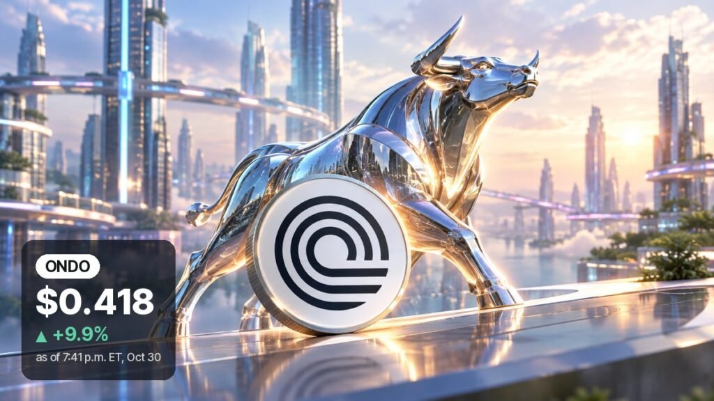 A chrome bull statue in a glass city at sunrise stands behind a large white coin bearing the black looped Ondo Finance mark.